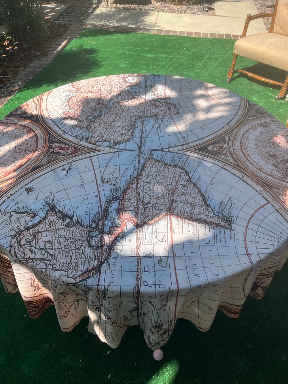Vintage World Map Round Tablecloth in Cream and Brown 70”